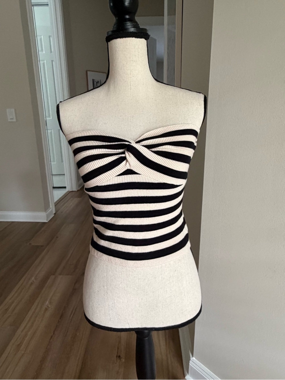 Striped Strapless Twist Front Tube Top - Black and Cream